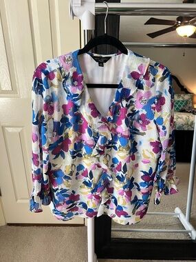 Investments Riley White Floral V-Neck Blouse with Pink and Blue Accents